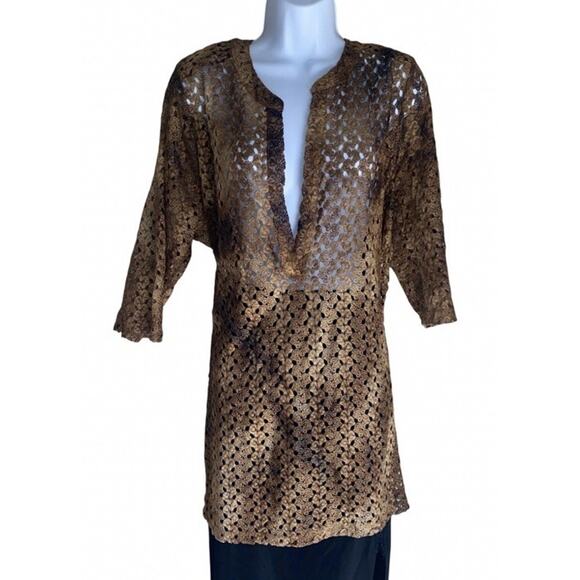 Catherines Tops - VTG Catherines Women's Plus Size 1X Lace Fish Net Brown Tunic Blouse Top Spring